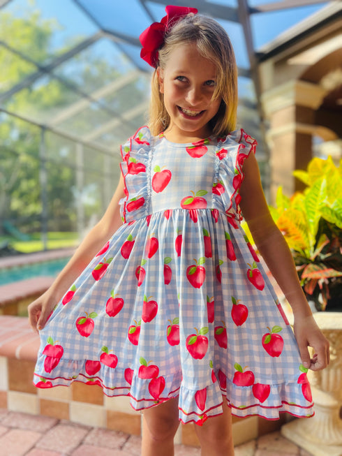 Girls Preppy Apple School Dress with Matching Bow - Bowtism